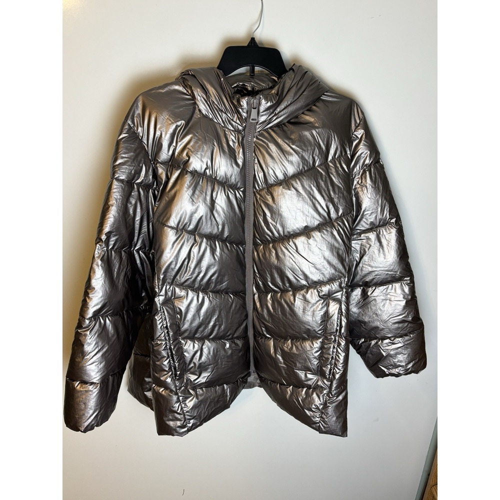 Lane Bryant EcoPlume Metallic Silver Hooded Puffer Jacket Full Zip 26/28